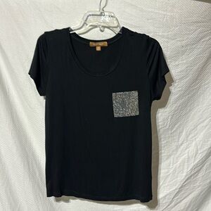 Ellen Tracy M black short sleeve t silver sequined front pocket rayon spandex
